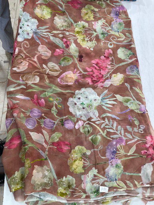 Elegant Brown Watercolor Floral Printed Fabric – Designer Fabric for Dresses, Kurtas & Home Decor