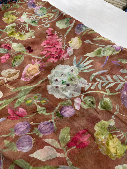Elegant Brown Watercolor Floral Printed Fabric – Designer Fabric for Dresses, Kurtas & Home Decor