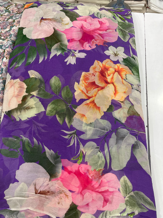 Purple Large Floral Printed Fabric – Elegant Designer Fabric for Dresses, Kurtas & Home Decor