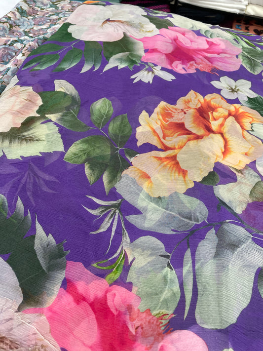 Purple Large Floral Printed Fabric – Elegant Designer Fabric for Dresses, Kurtas & Home Decor