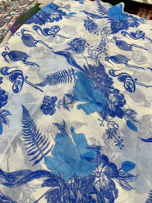 White & Blue Floral Flamingo Printed Fabric – Designer Fabric for Dresses, Kurtas & Stylish Apparel