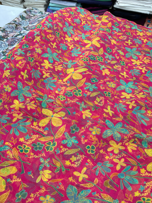 Vibrant Pink Multi-Color Floral Printed Fabric – Designer Fabric for Dresses, Kurtas & Creative Apparel