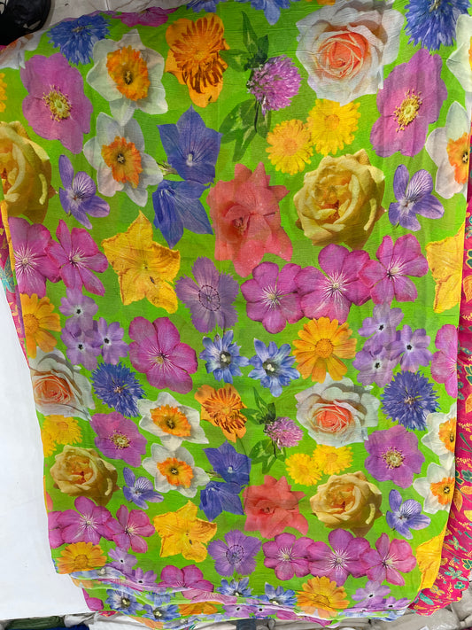 Bright Green Multi-Color Floral Printed Fabric – Vibrant Designer Fabric for Dresses & Kurtas