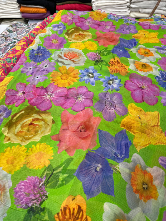 Bright Green Multi-Color Floral Printed Fabric – Vibrant Designer Fabric for Dresses & Kurtas