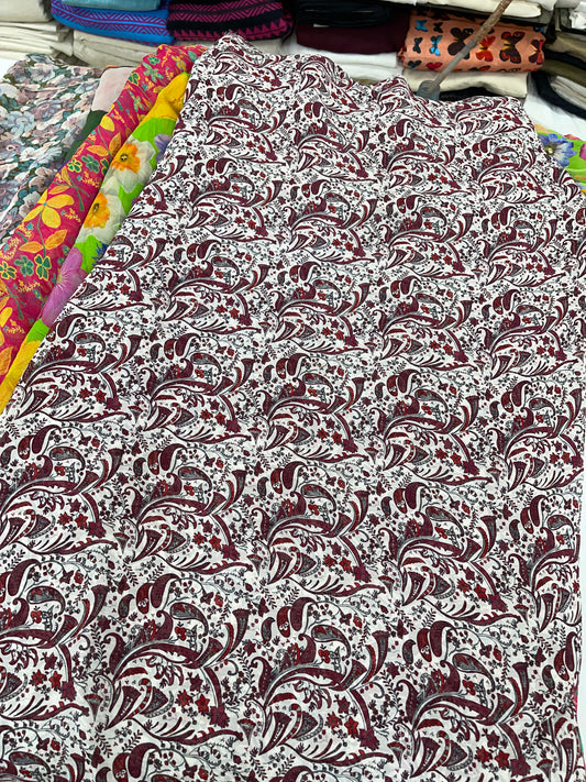 White & Maroon Paisley Printed Fabric – Elegant Ethnic Designer Fabric for Kurtas & Dresses