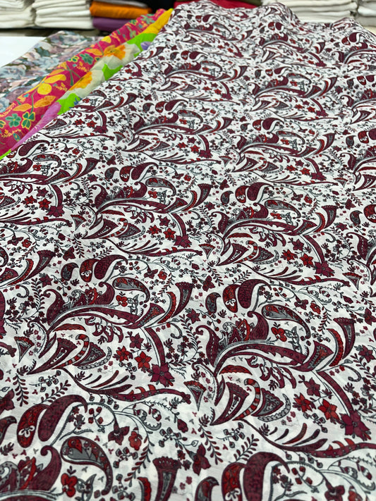White & Maroon Paisley Printed Fabric – Elegant Ethnic Designer Fabric for Kurtas & Dresses
