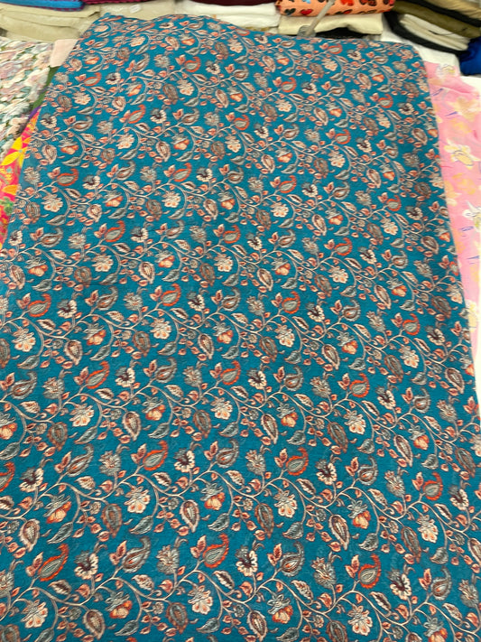 Teal Blue Floral Paisley Printed Fabric – Elegant Designer Fabric for Kurtas, Dresses & Ethnic Wear