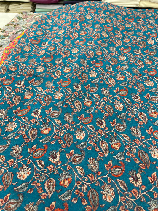 Teal Blue Floral Paisley Printed Fabric – Elegant Designer Fabric for Kurtas, Dresses & Ethnic Wear