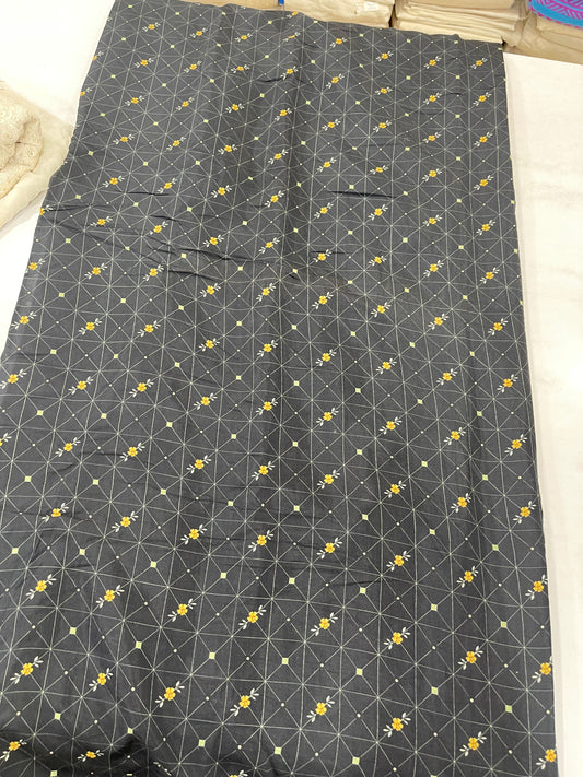 Viscose Muslin Digital Print Fabric – Charcoal Grey Geometric Floral