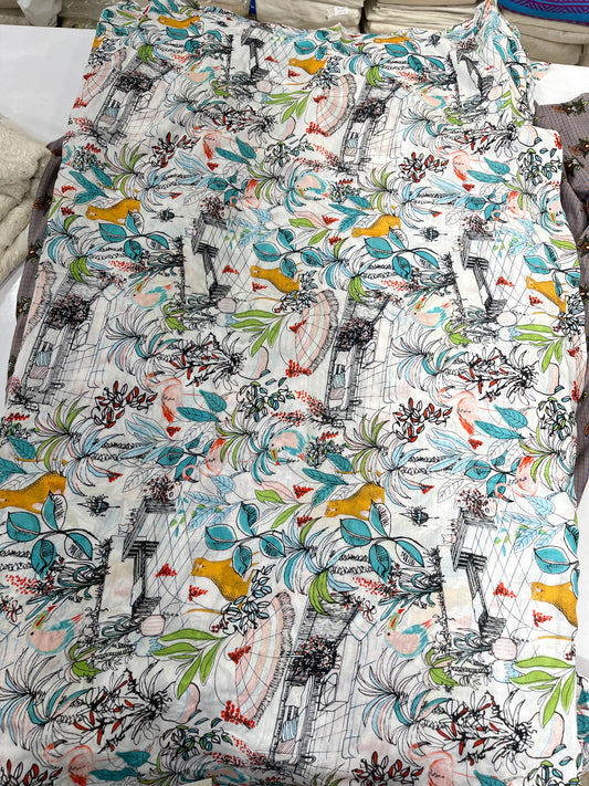 Premium Viscose Muslin Digital Print Fabric – Artistic Nature Motif