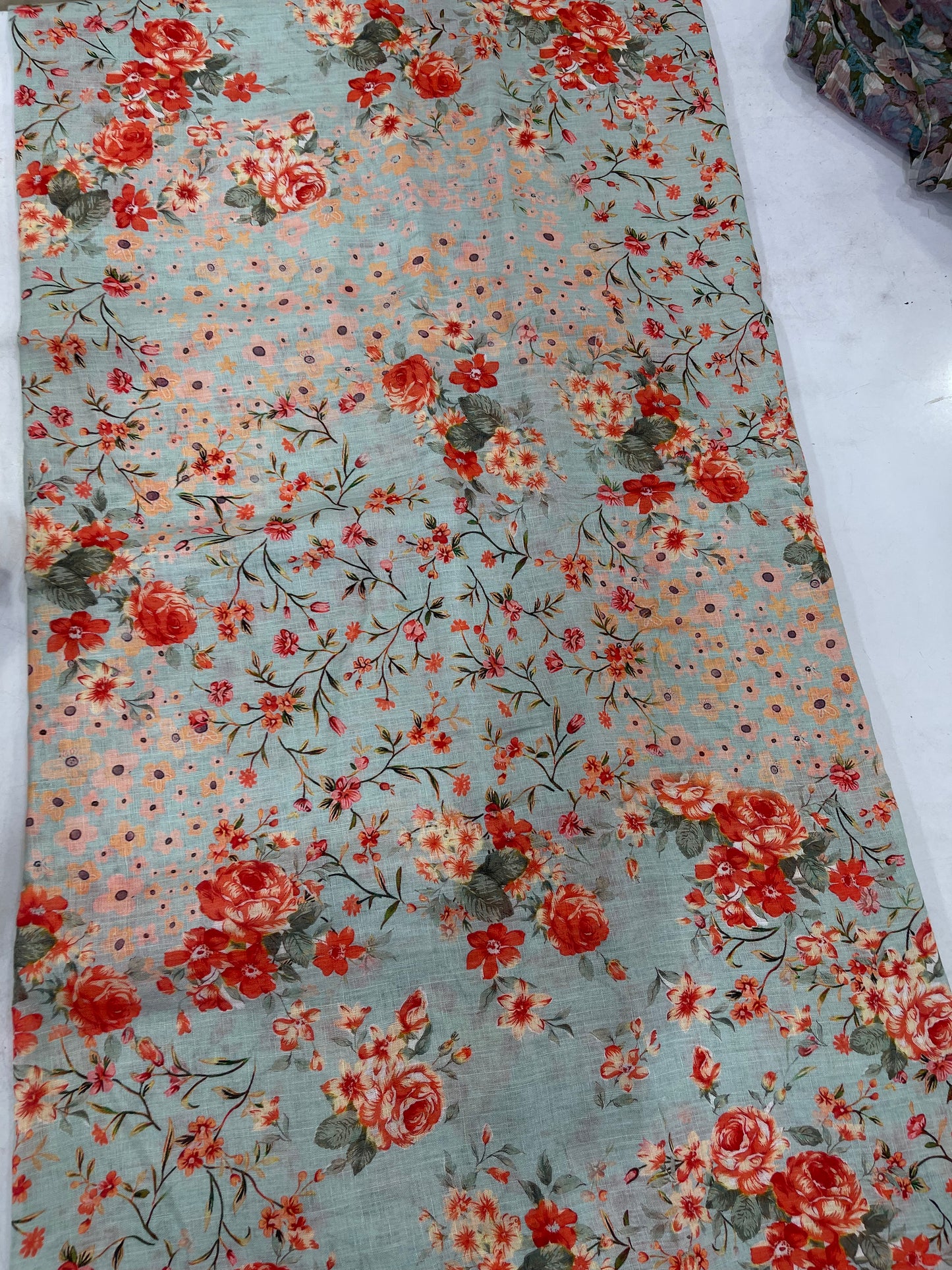 Pure Linen Digital Print Fabric – Floral Multicolor on Pastel Blue Base