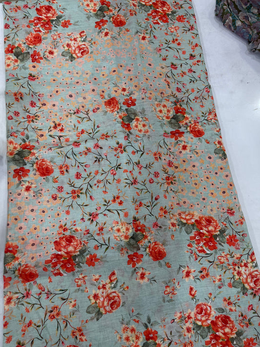 Pure Linen Digital Print Fabric – Floral Multicolor on Pastel Blue Base