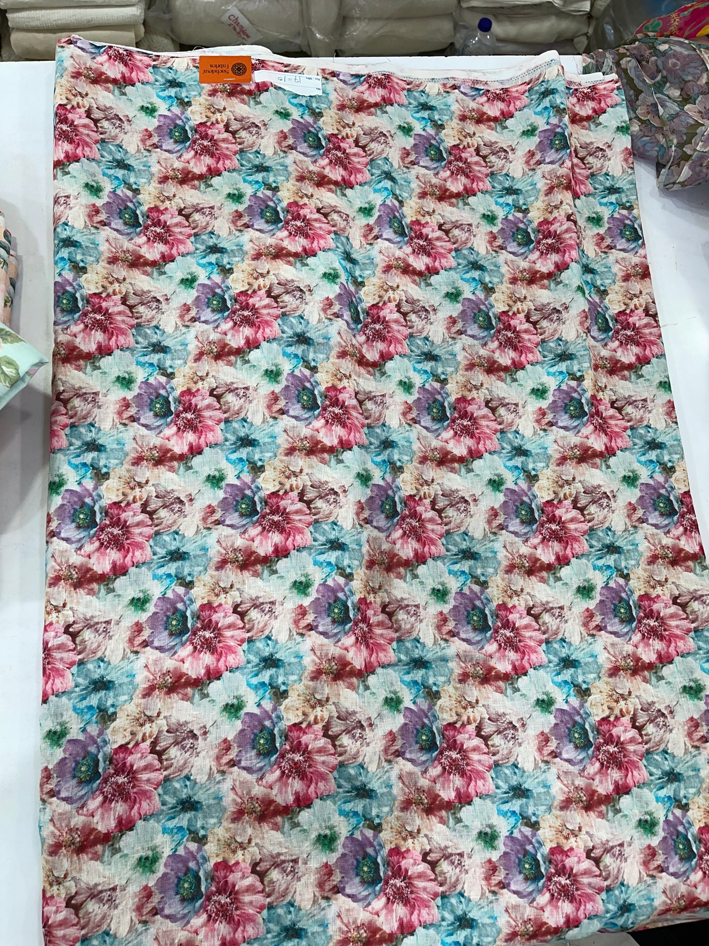Pure Linen Digital Print Fabric – Multicolor Artistic Floral Design