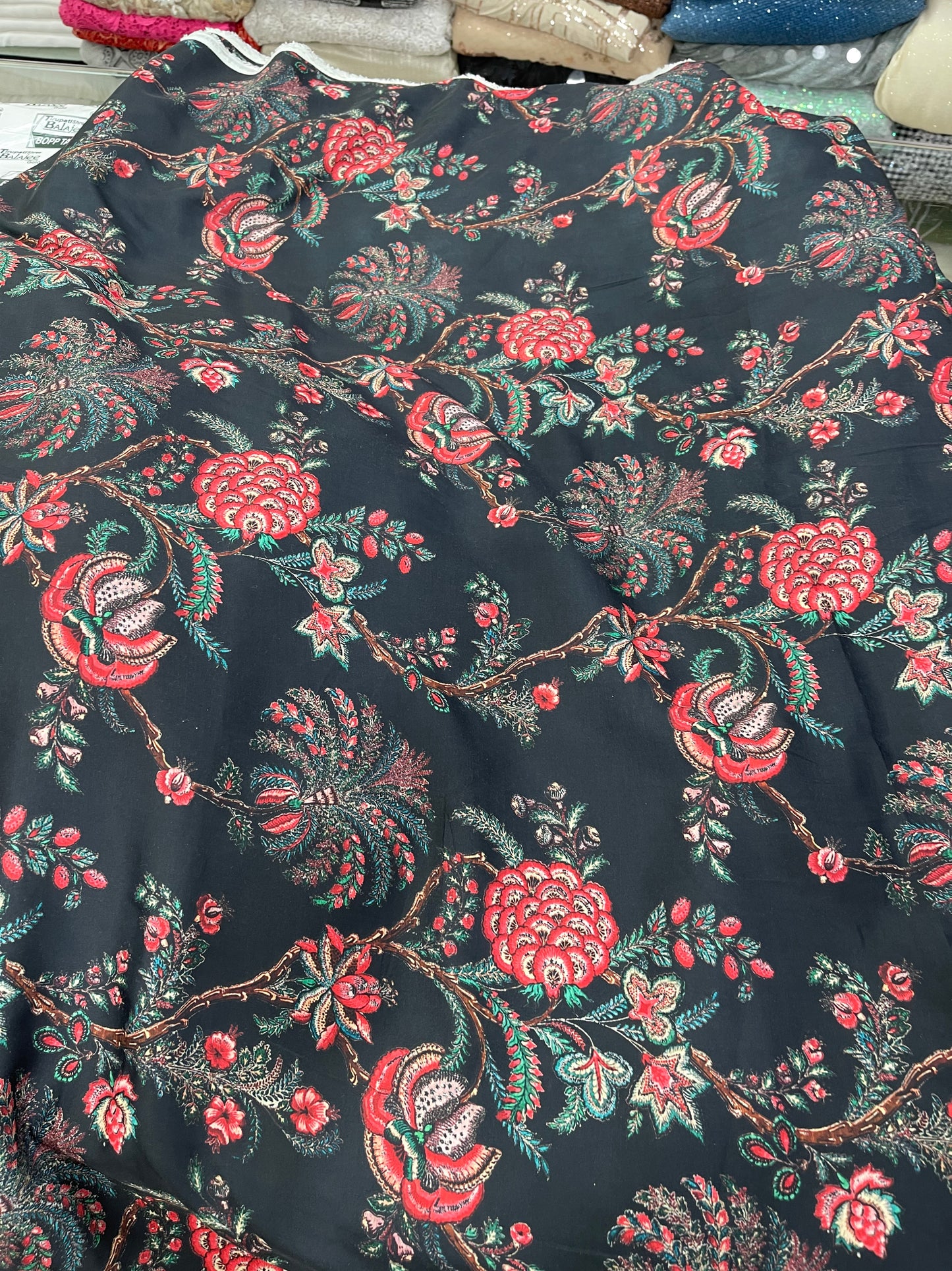 Viscose Linen Satin Digital Print Fabric – Floral Vine on Black