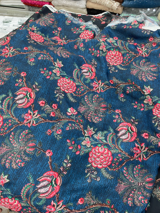 Elegant Black Floral Vine Printed Fabric – Red & Green Botanical Design Dress Material