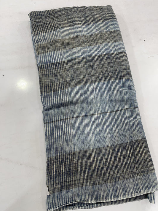 Pure Handloom Cotton Khadi Striped Fabric – Grey & Indigo Handwoven Soft Breathable Cotton Textile