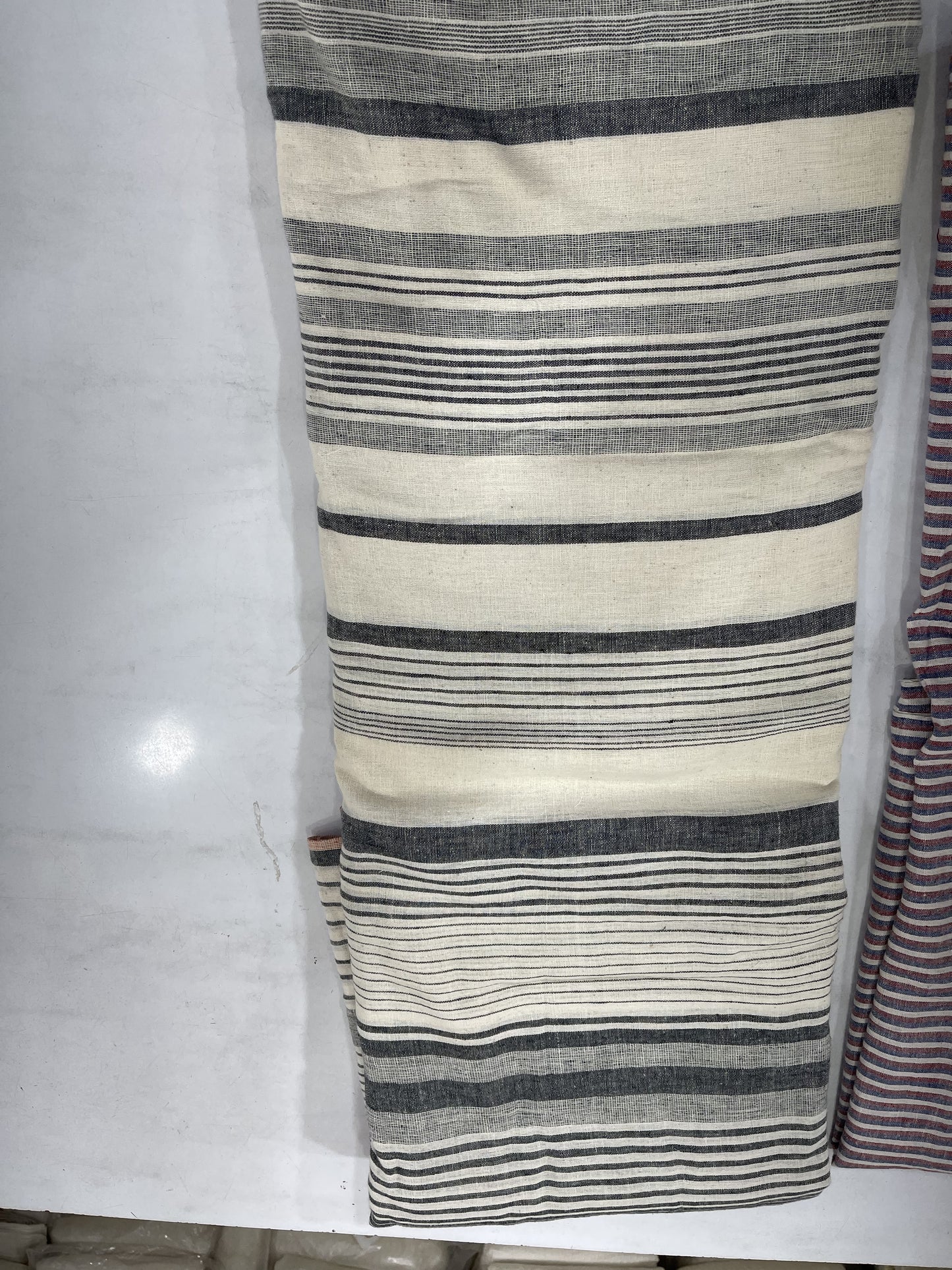 Pure Handloom Cotton Khadi Striped Fabric – Off White & Black Handwoven Soft Breathable Cotton
