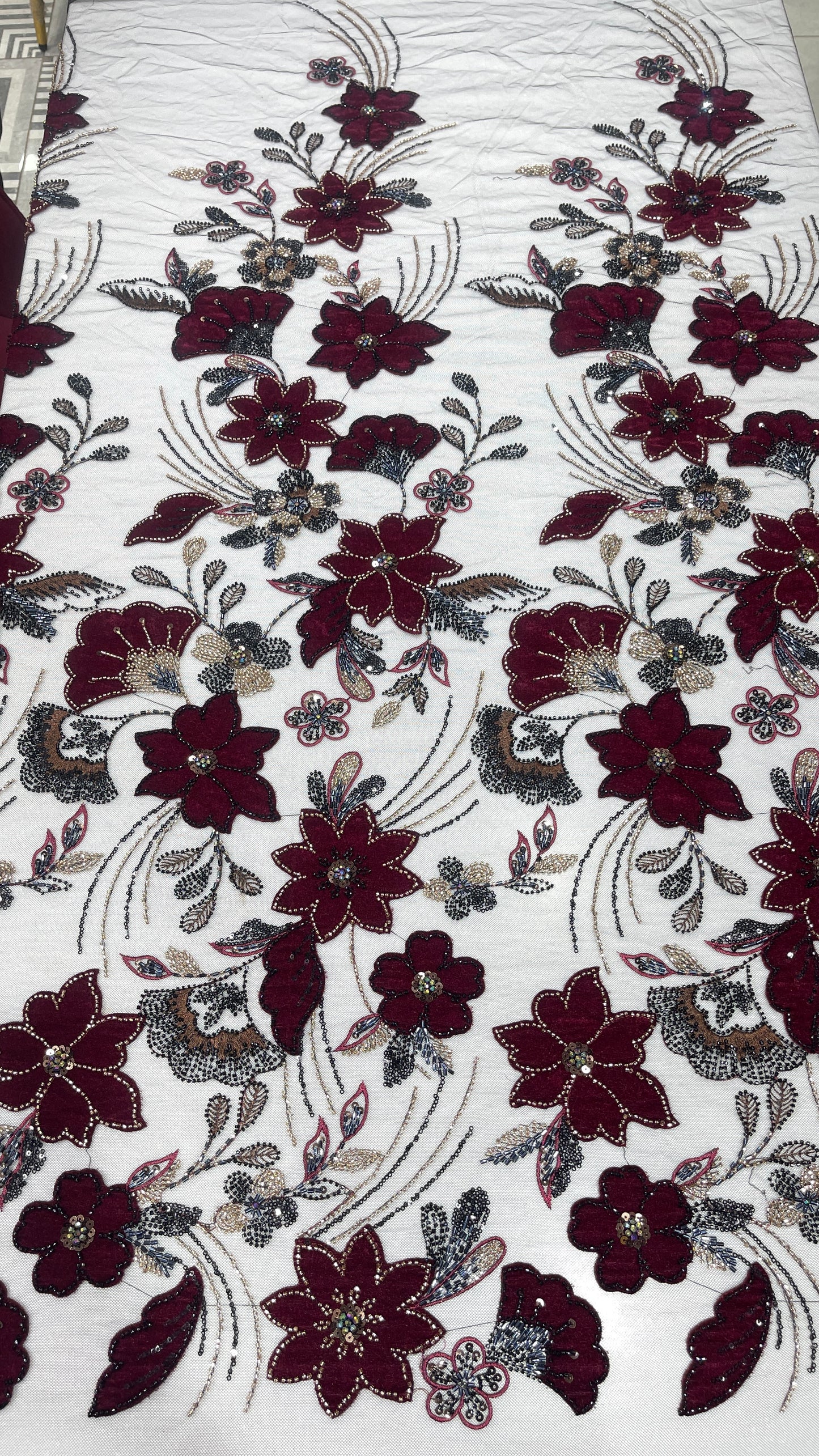 Premium 3D Floral Embroidered Sequin Net Fabric – Designer Floral Collection