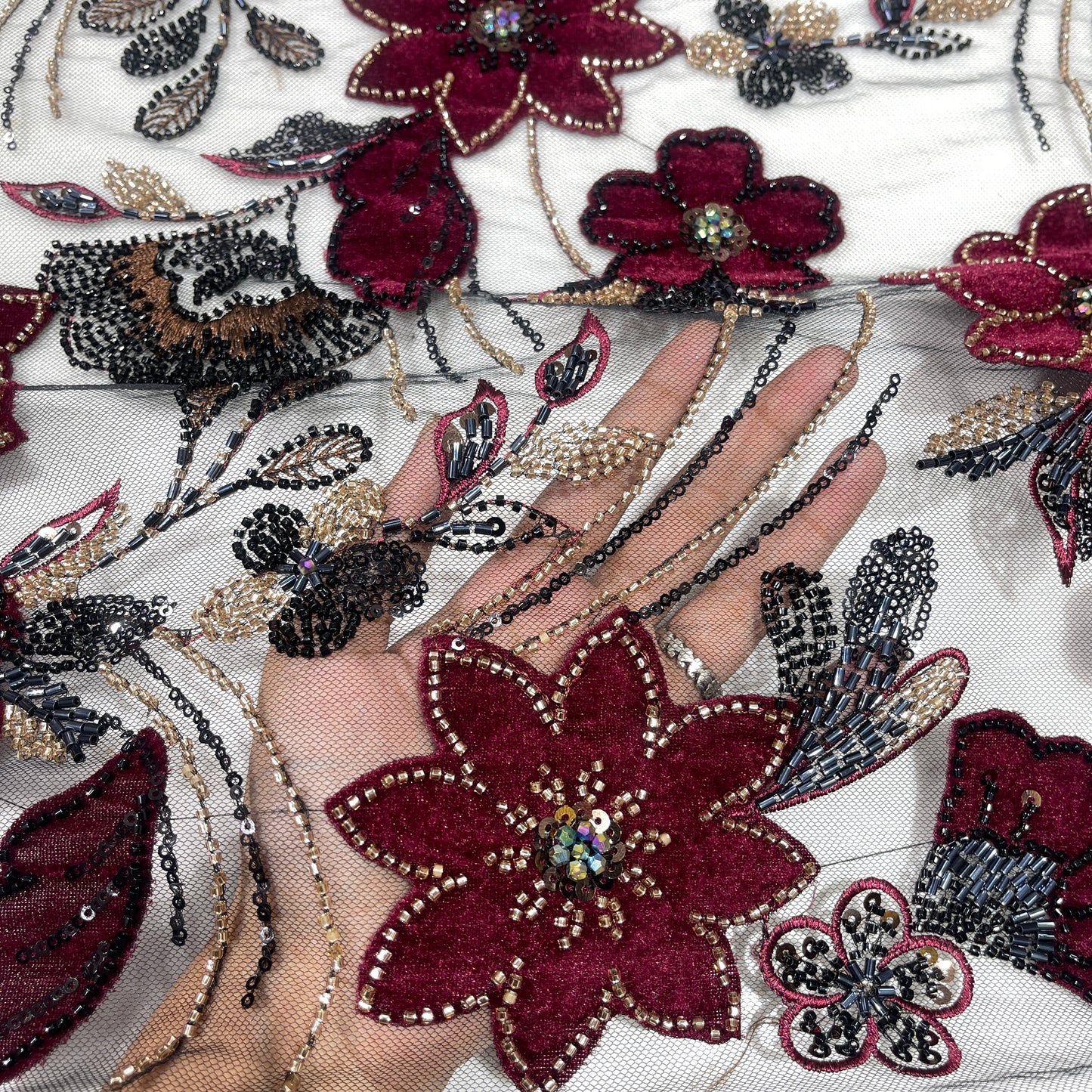 Premium 3D Floral Embroidered Sequin Net Fabric – Designer Floral Collection