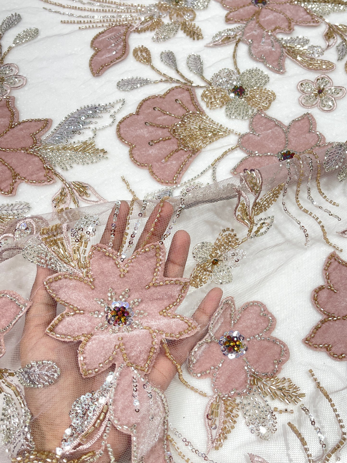 Premium 3D Floral Embroidered Sequin Net Fabric – Designer Floral Collection