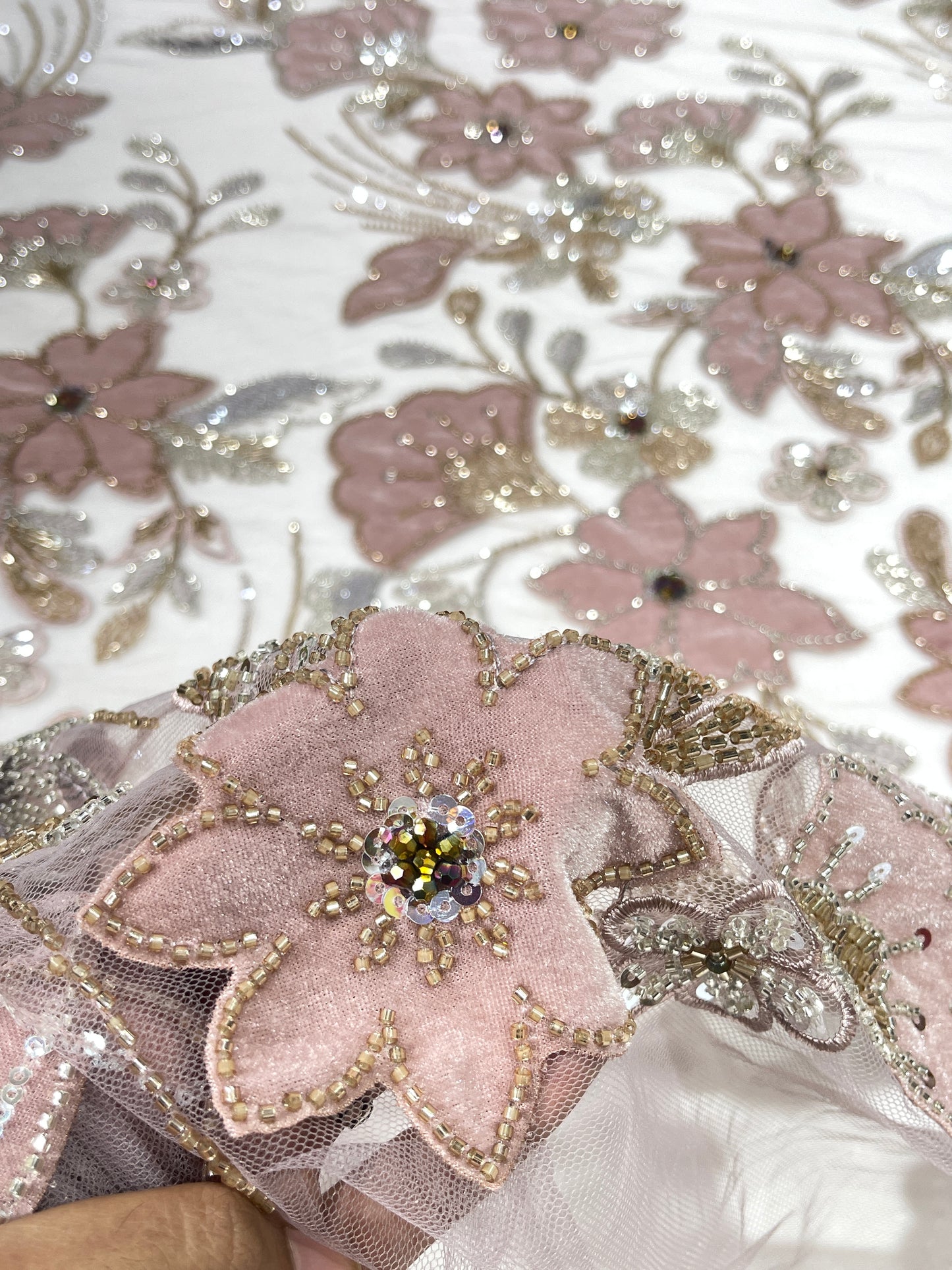 Premium 3D Floral Embroidered Sequin Net Fabric – Designer Floral Collection