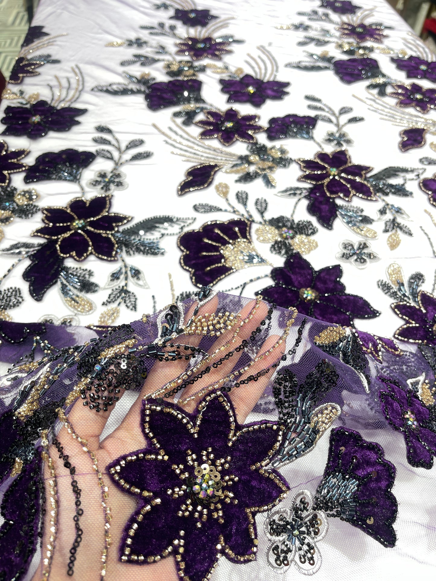 Premium 3D Floral Embroidered Sequin Net Fabric – Designer Floral Collection