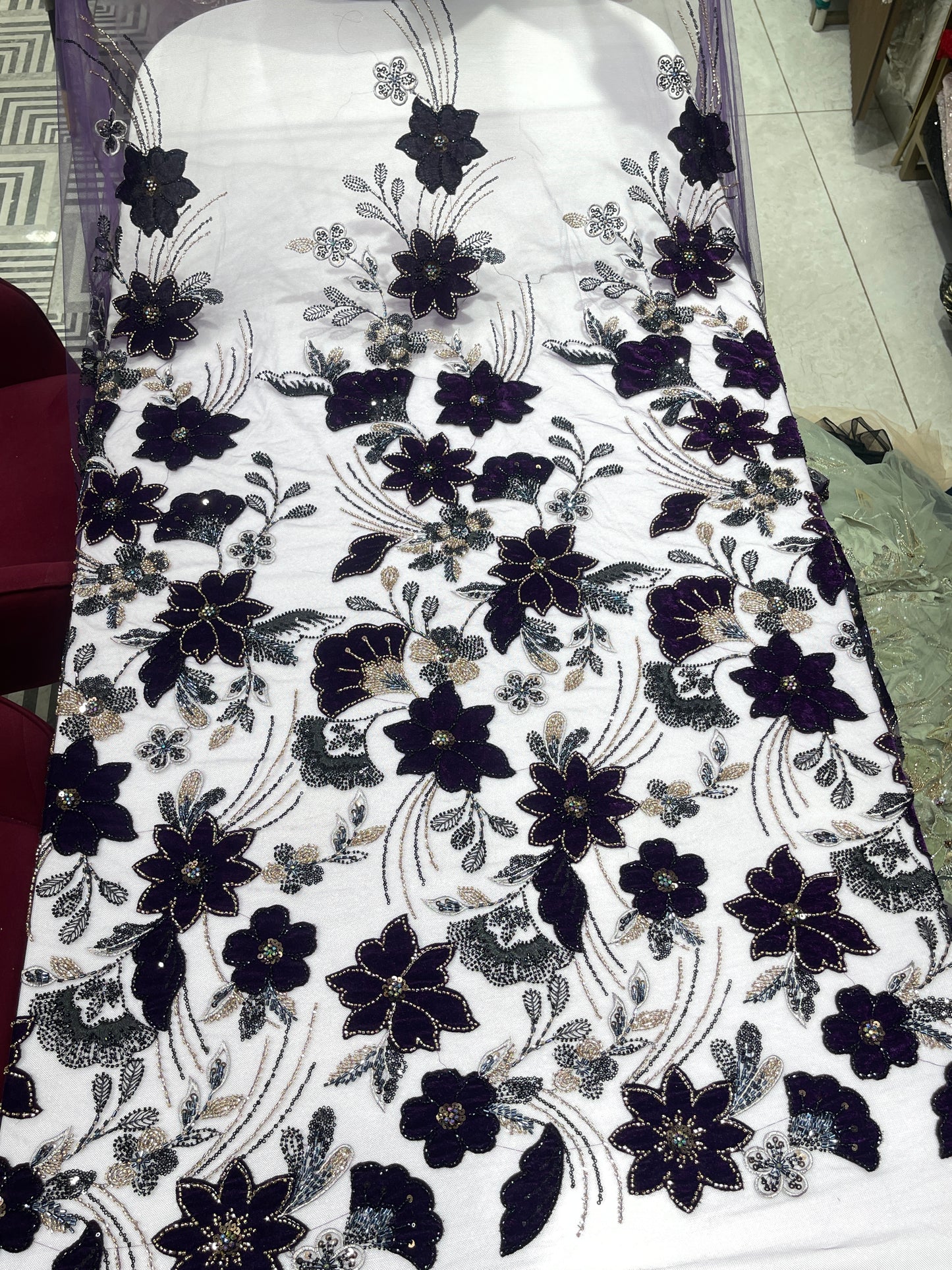 Premium 3D Floral Embroidered Sequin Net Fabric – Designer Floral Collection