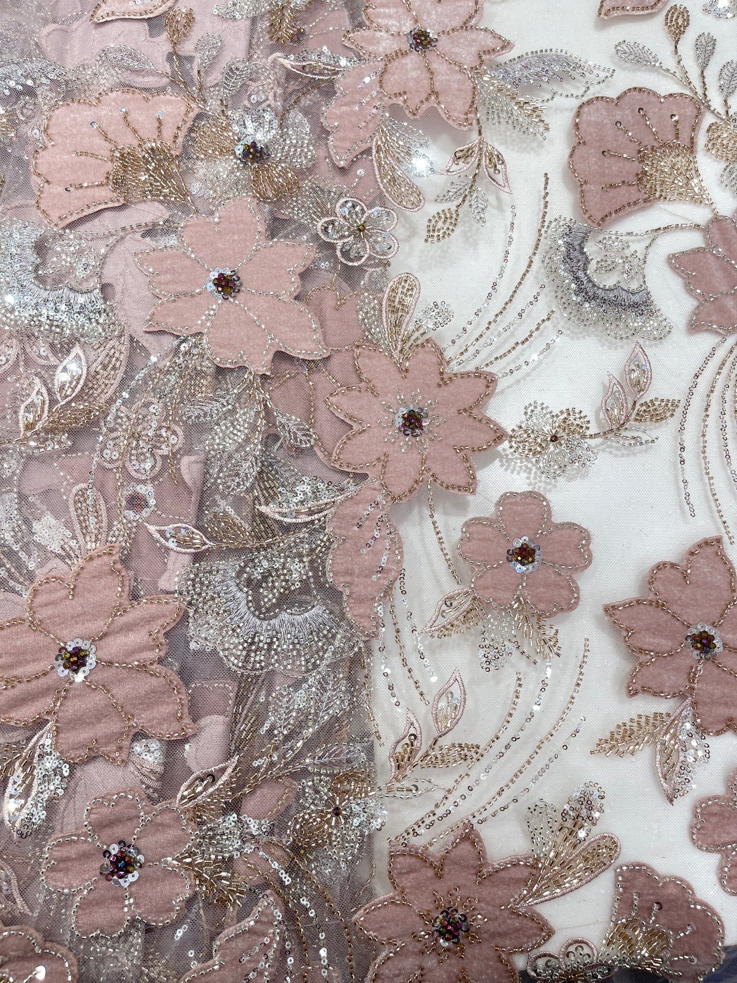 Premium 3D Floral Embroidered Sequin Net Fabric – Designer Floral Collection