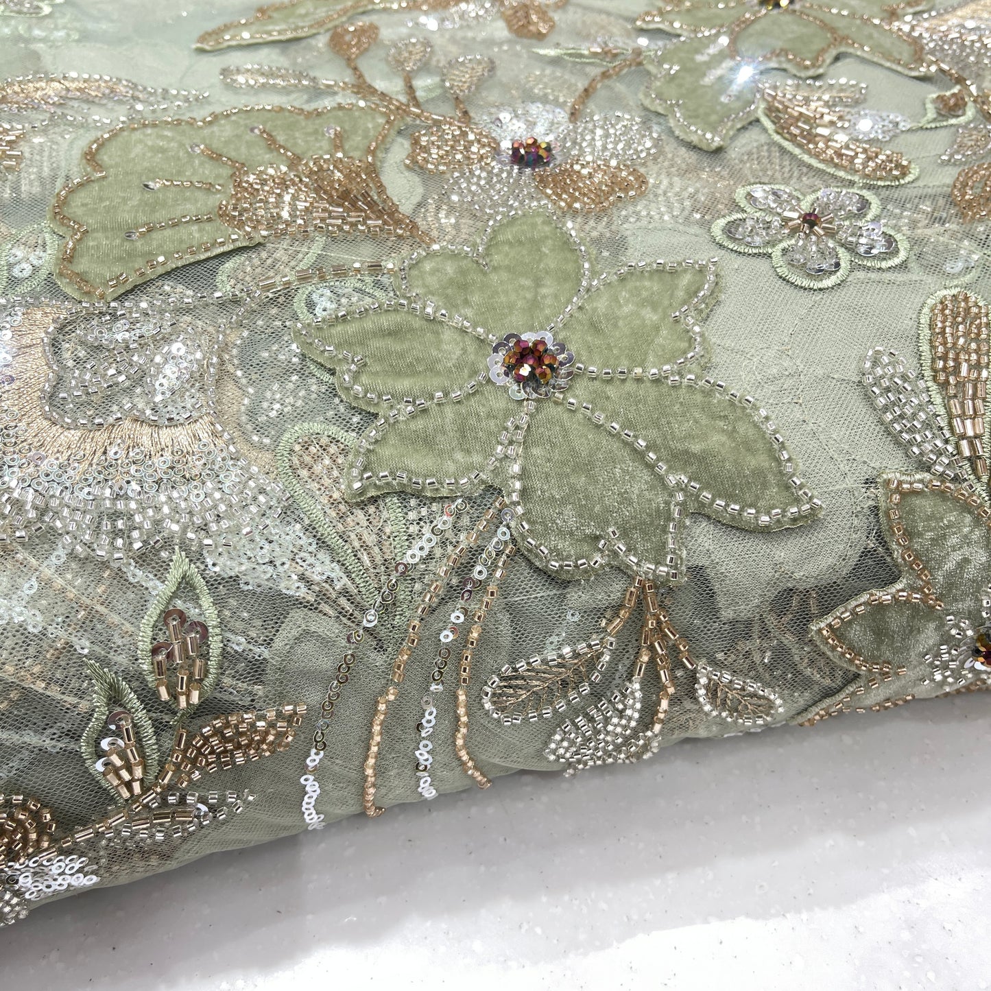 Premium 3D Floral Embroidered Sequin Net Fabric – Designer Floral Collection