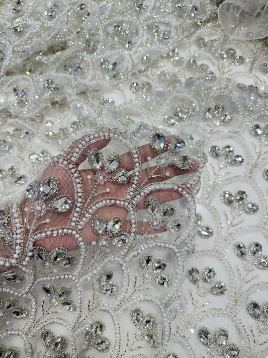 Premium White Crystal & Pearl Embroidered Net Fabric