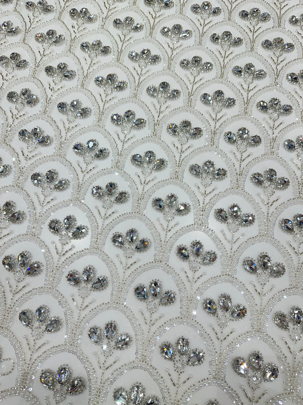 Premium White Crystal & Pearl Embroidered Net Fabric