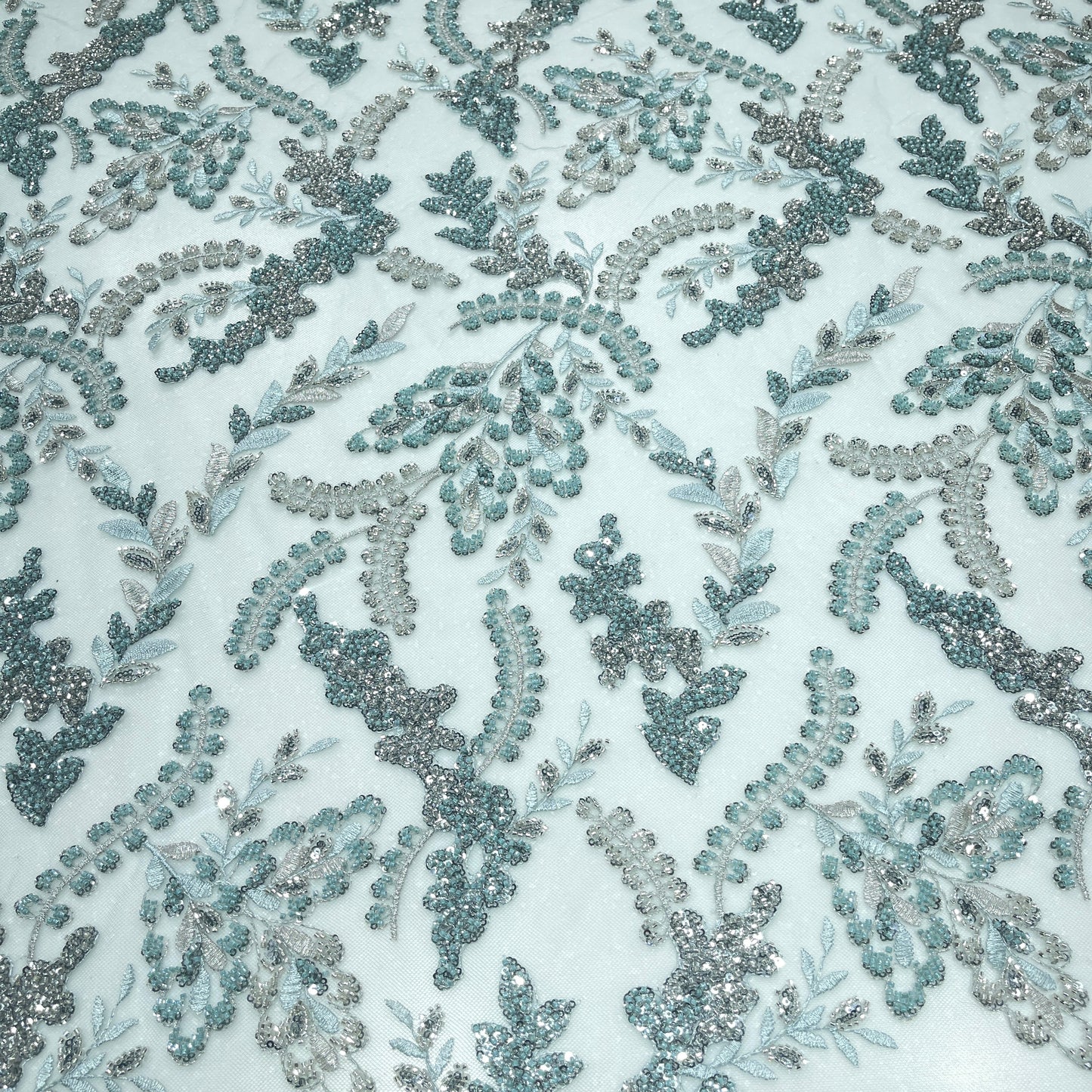 Luxury Aqua Blue & Silver Hand-Beaded Embroidered Net Fabric | Bridal & Couture Lace