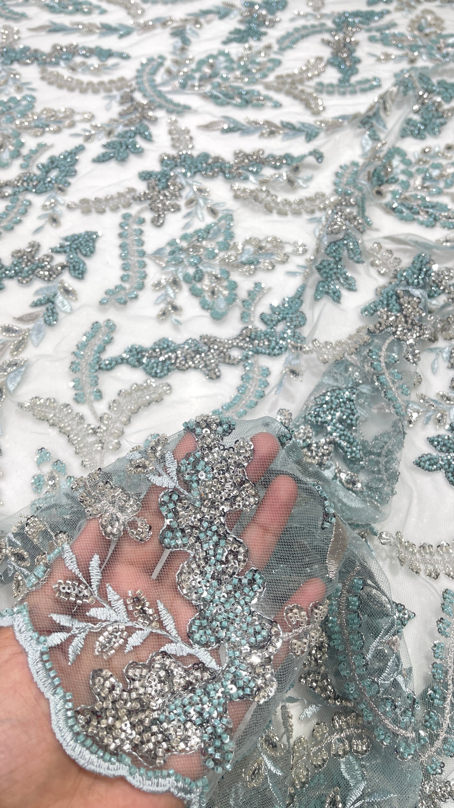 Luxury Aqua Blue & Silver Hand-Beaded Embroidered Net Fabric | Bridal & Couture Lace