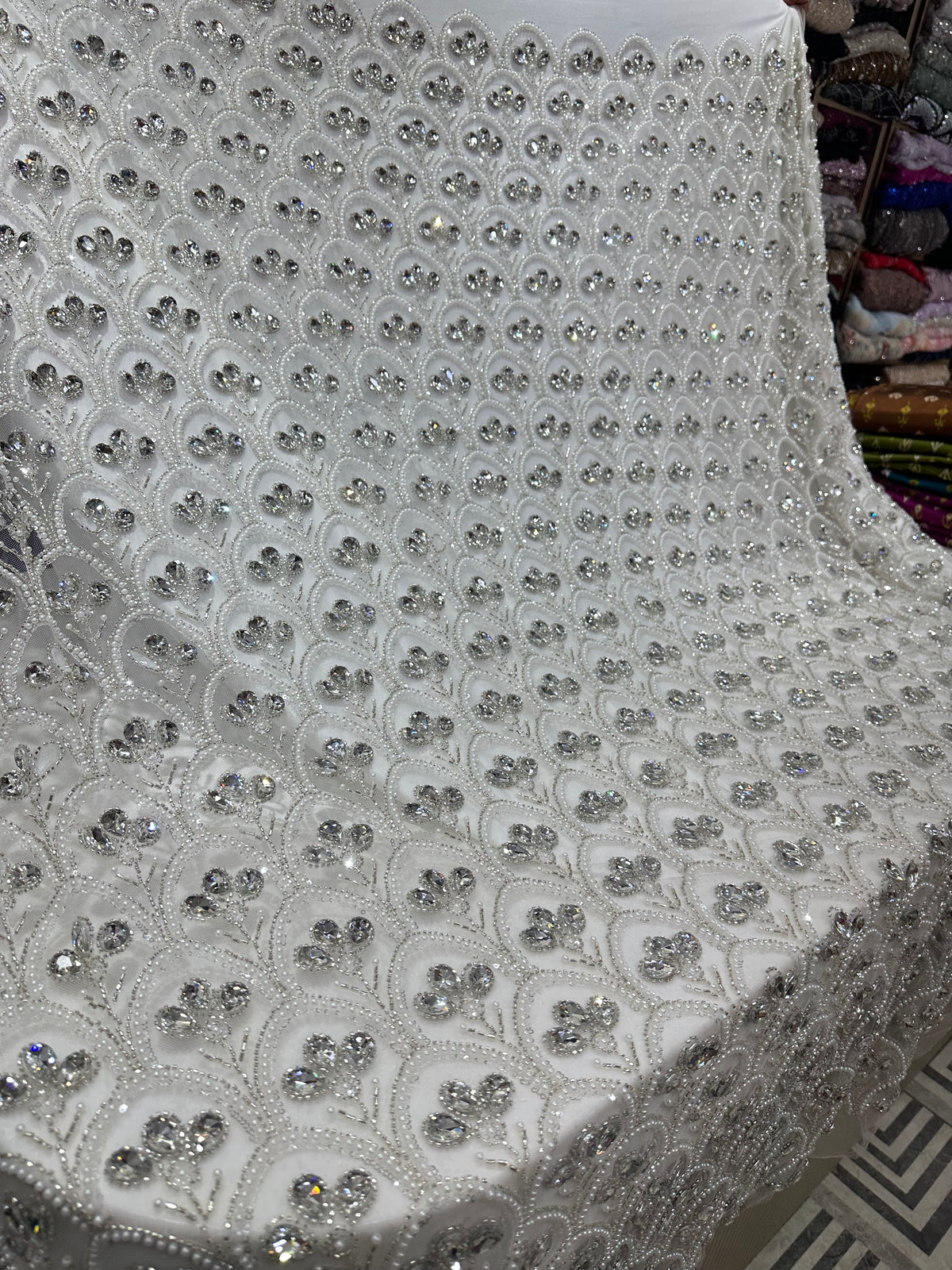 Premium White Crystal & Pearl Embroidered Net Fabric