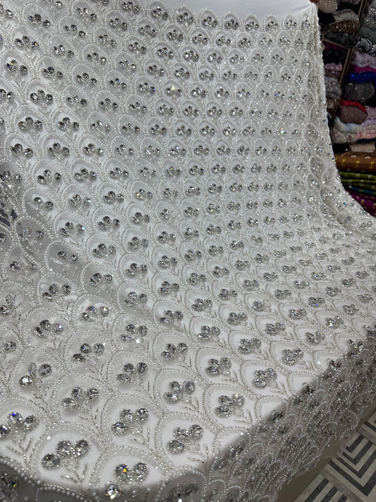Premium White Crystal & Pearl Embroidered Net Fabric