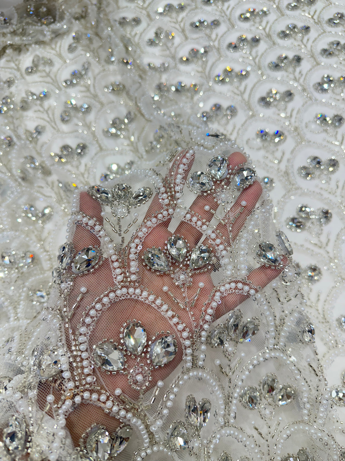 Premium White Crystal & Pearl Embroidered Net Fabric