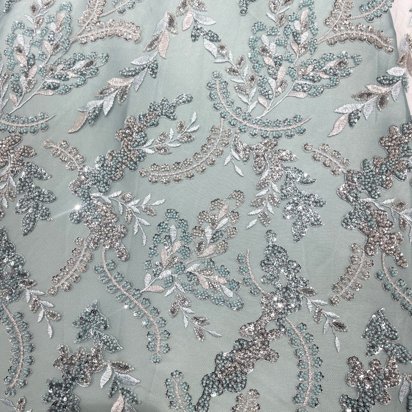 Luxury Aqua Blue & Silver Hand-Beaded Embroidered Net Fabric | Bridal & Couture Lace