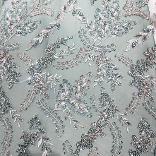 Luxury Aqua Blue & Silver Hand-Beaded Embroidered Net Fabric | Bridal & Couture Lace