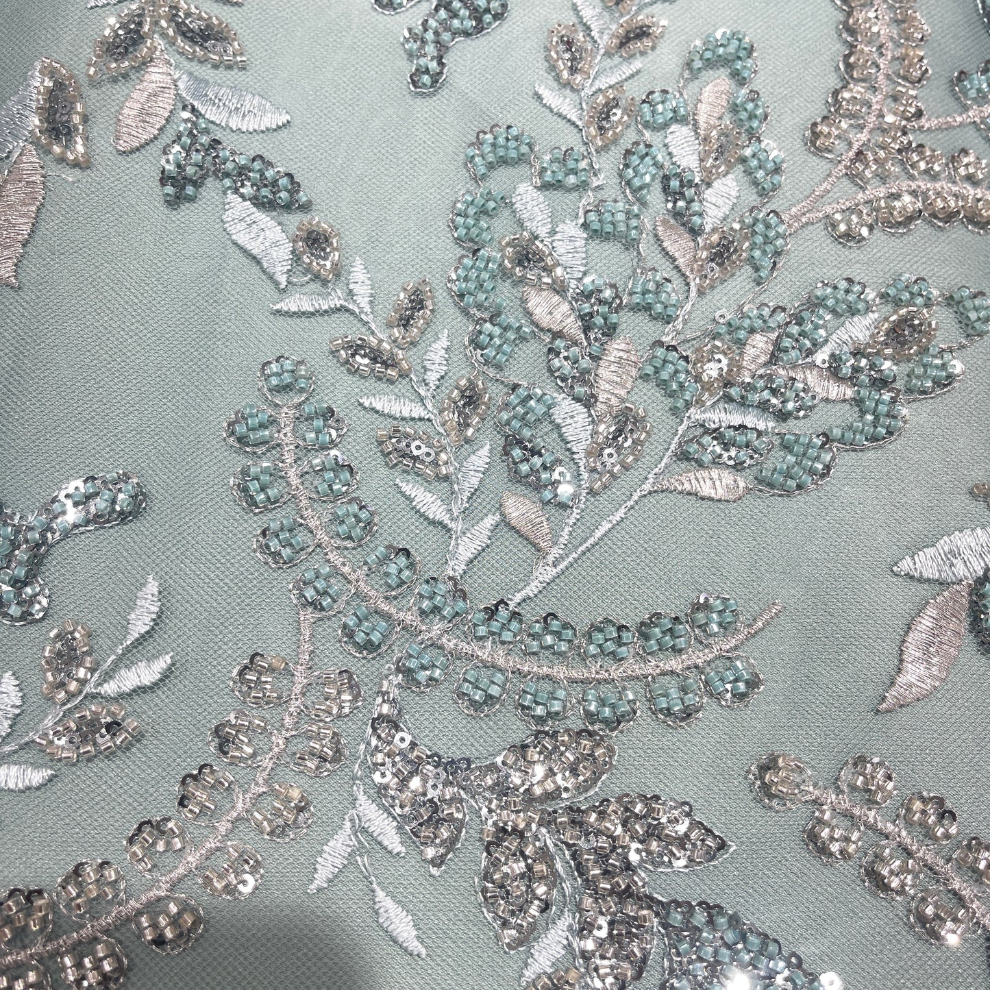 Luxury Aqua Blue & Silver Hand-Beaded Embroidered Net Fabric | Bridal & Couture Lace