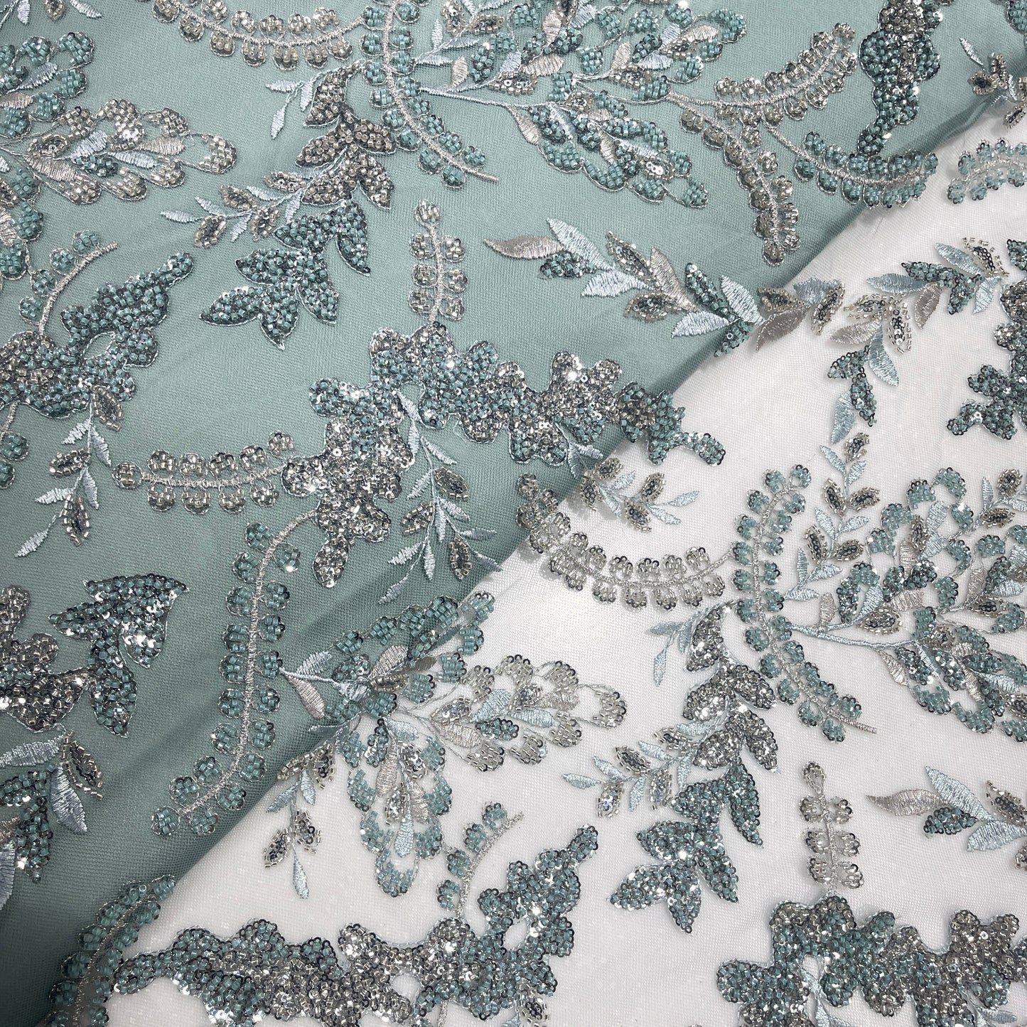 Luxury Aqua Blue & Silver Hand-Beaded Embroidered Net Fabric | Bridal & Couture Lace