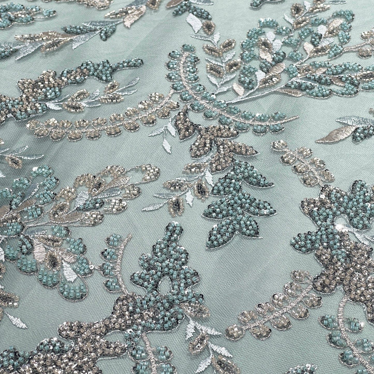 Luxury Aqua Blue & Silver Hand-Beaded Embroidered Net Fabric | Bridal & Couture Lace