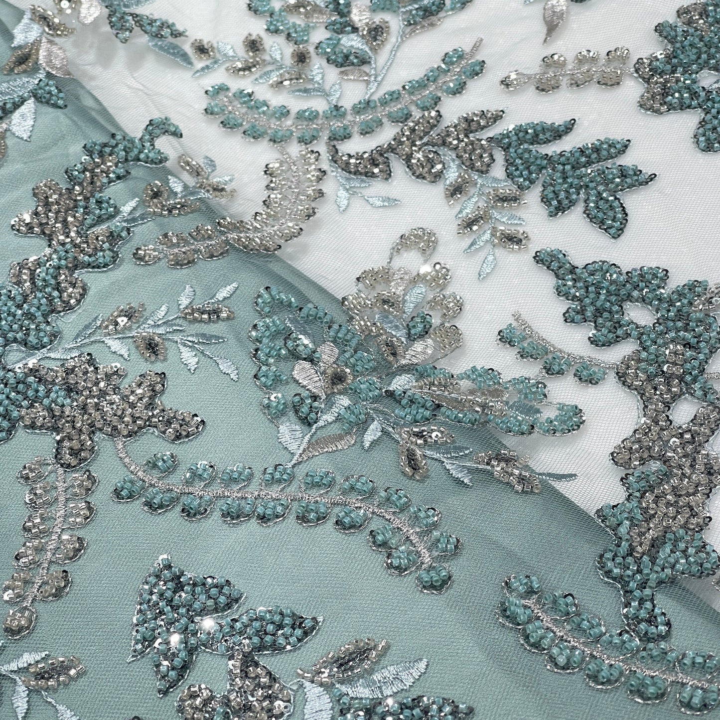 Luxury Aqua Blue & Silver Hand-Beaded Embroidered Net Fabric | Bridal & Couture Lace