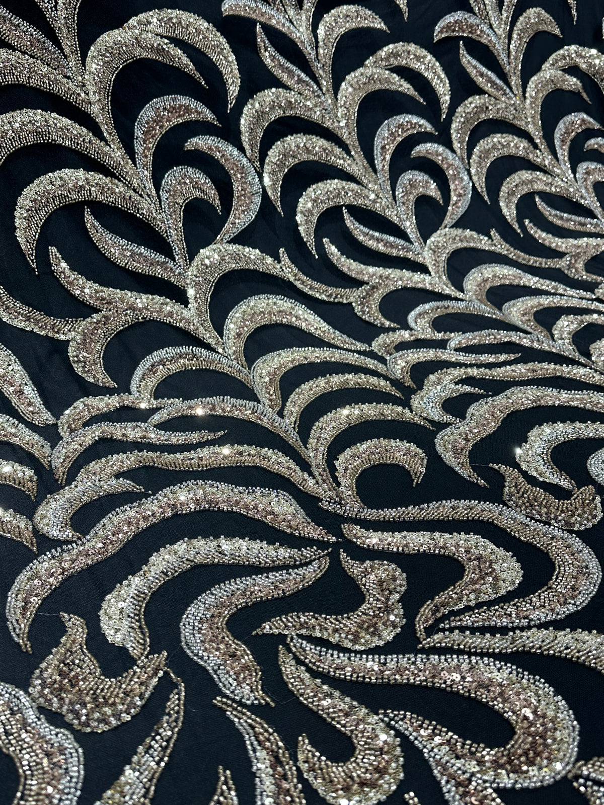 Luxury Sequin Embroidered Net Fabric – Floral Paisley Vine Design