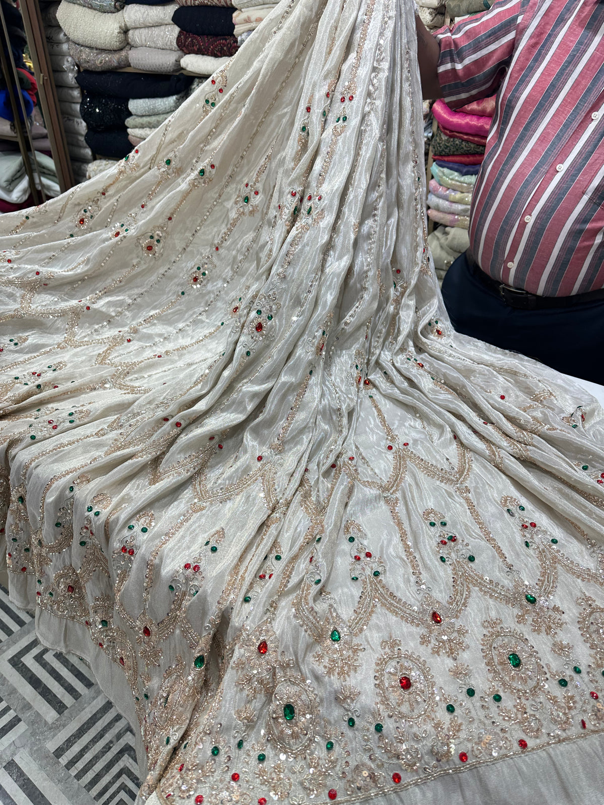 Silk Tissue Embroidery Fabric with Intricate Sequin & Stone Work