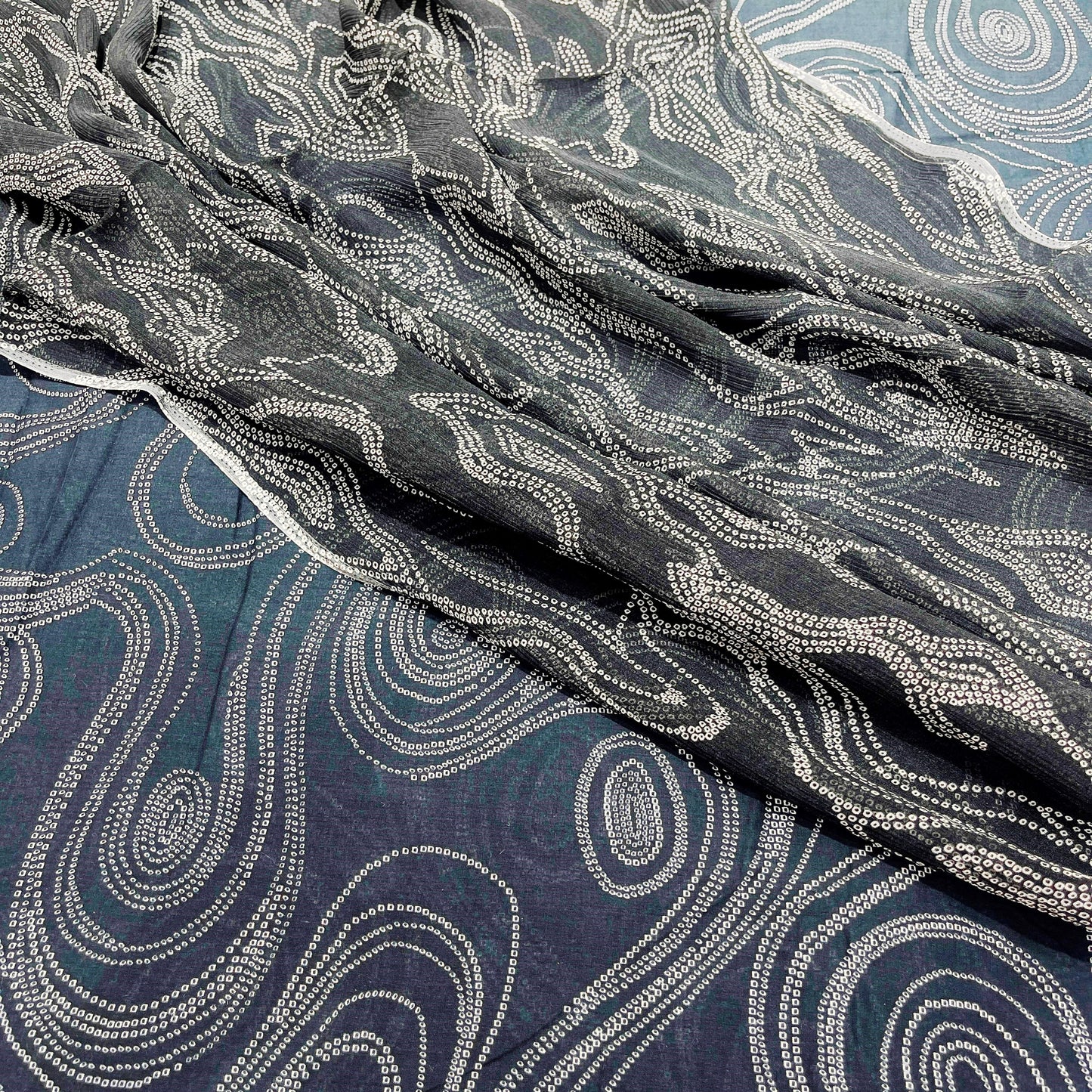 Charcoal Grey Abstract Printed Fabric Combo (Cotton + Chiffon)