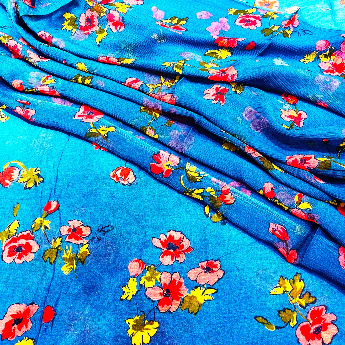 Sky Blue Floral Printed Cotton & Chiffon Fabric Combo