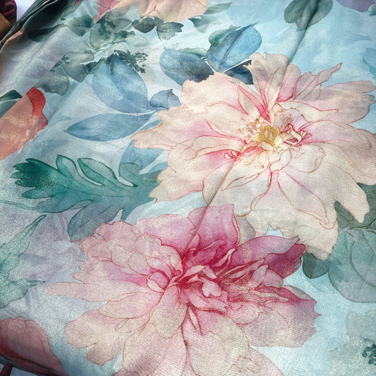 Luxury Aqua Blue Floral Shimmer Tissue Fabric