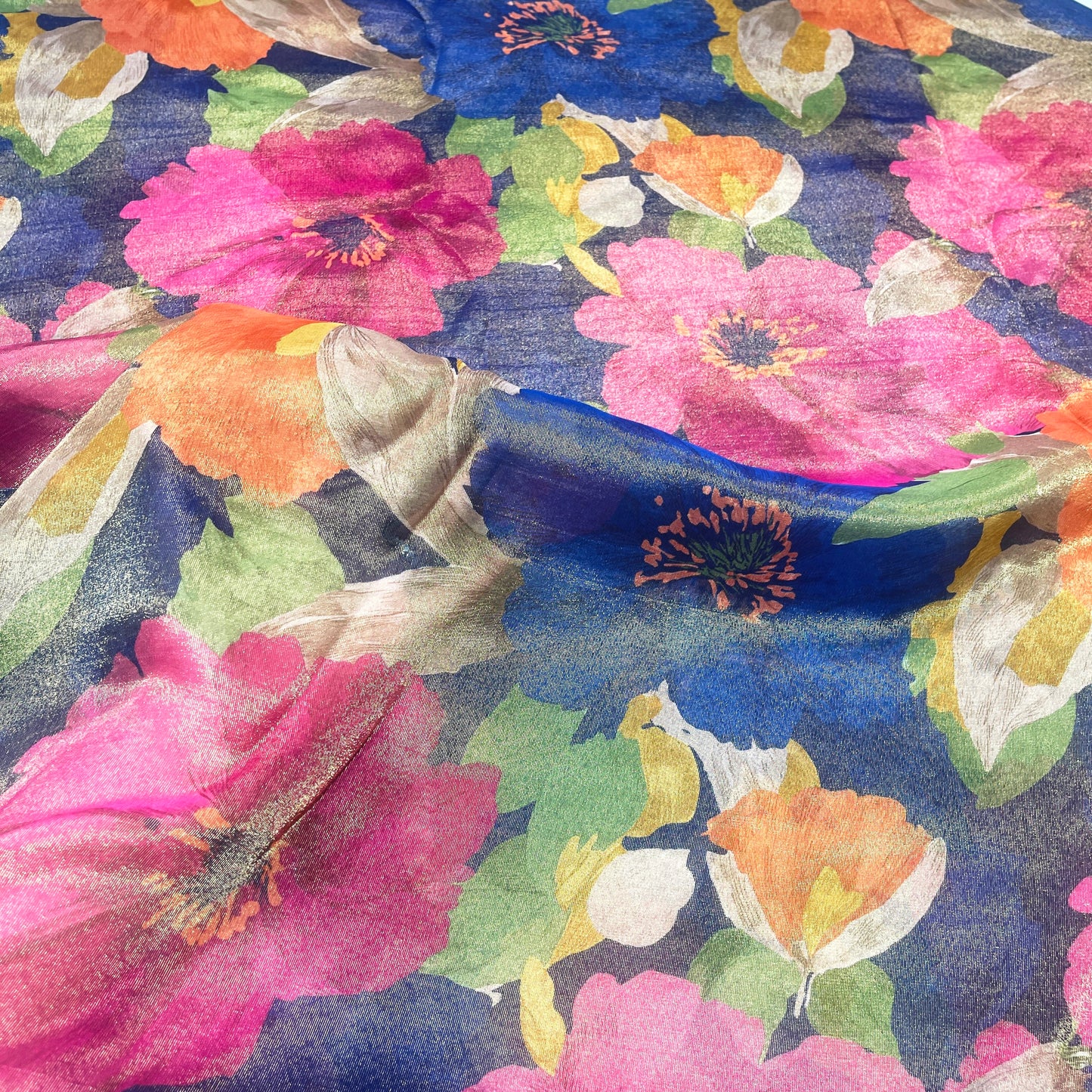 Royal Navy Floral Shimmer Tissue Fabric