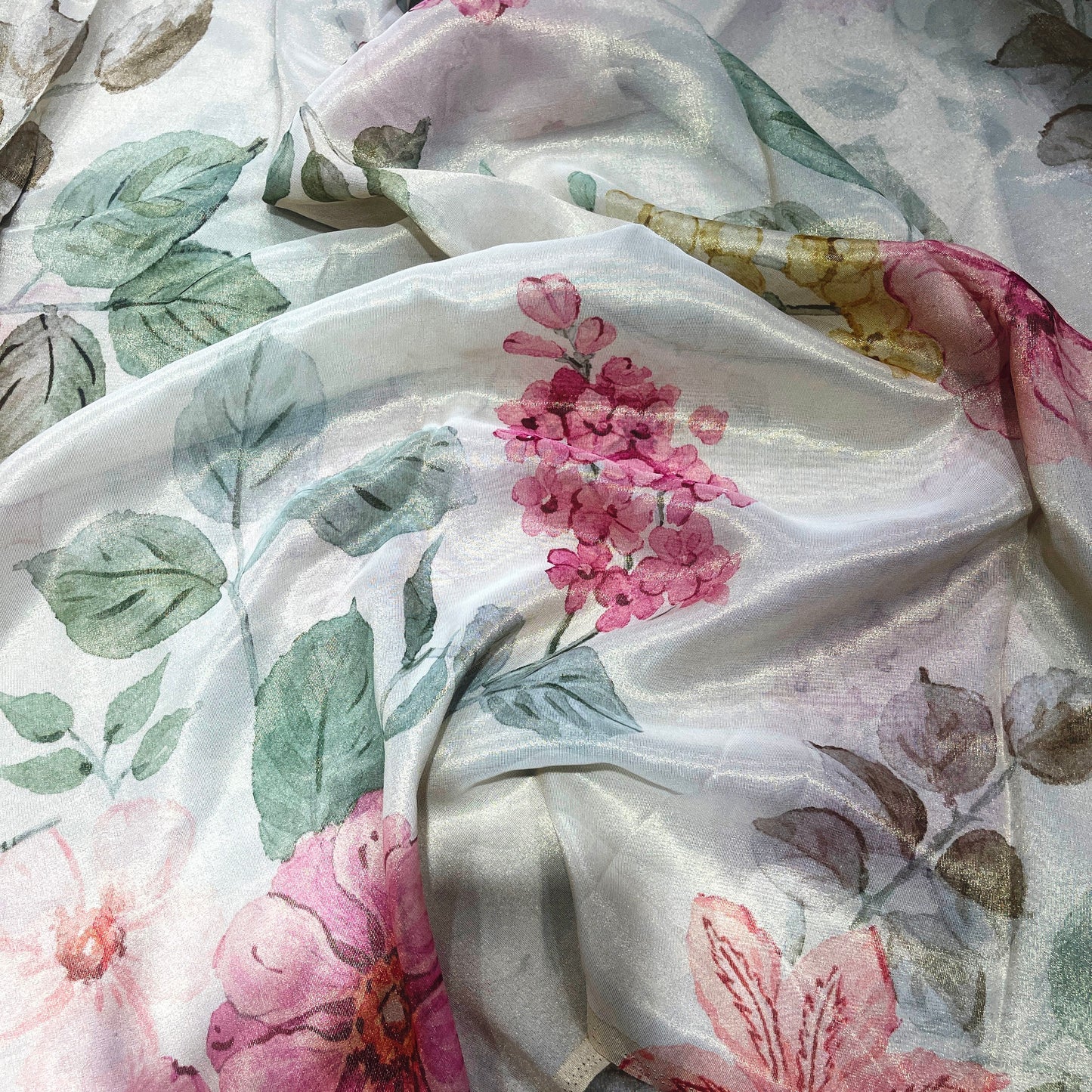 Elegant Pearl White Floral Shimmer Tissue Fabric