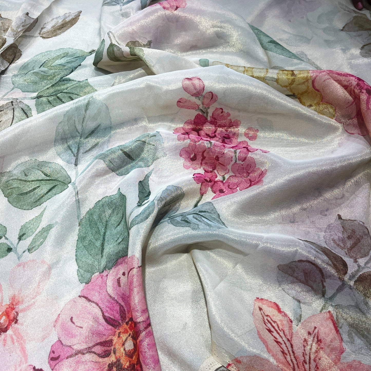 Elegant Pearl White Floral Shimmer Tissue Fabric